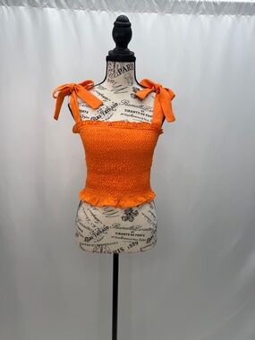 Orange Smocked Tie-Shoulder Crop Top - Women